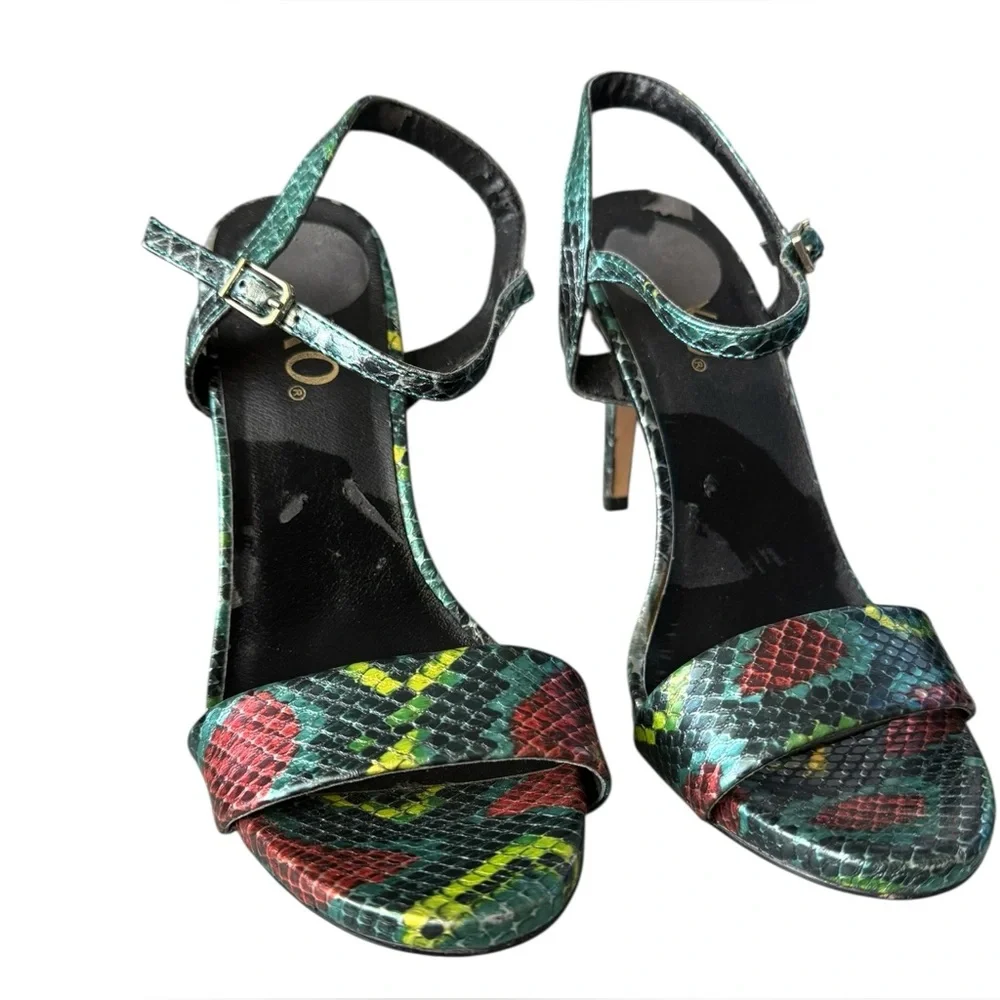 XOXO Colette Metallic Snakeskin Print Strappy Heeled Sandals- Size 7.5
